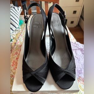 Black Satin, Sling Back, Peep Toe Heels with Rhinestone Buckle